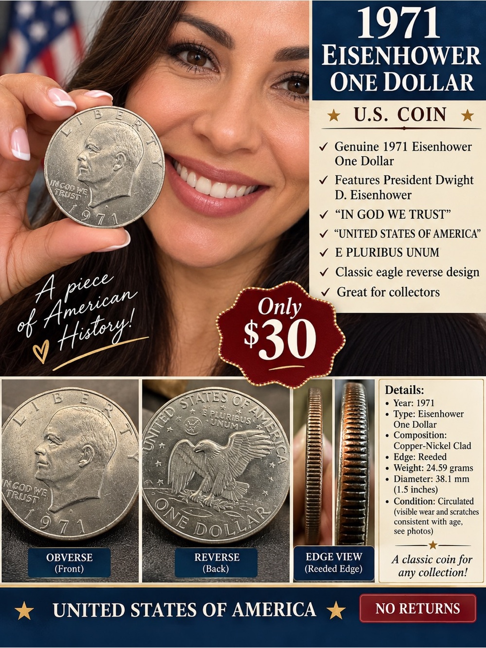 1971 Eisenhower One Dollar Coin - Silver-Tone